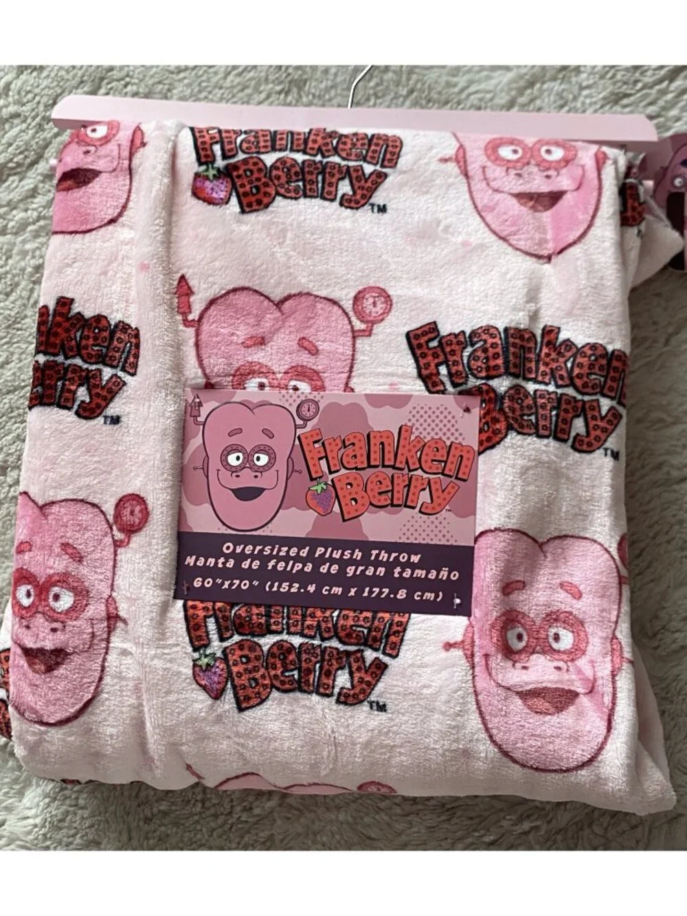 Franken Berry Monsters Cereal Pink Oversized Plush Throw Blanket 60” X 70” NEW